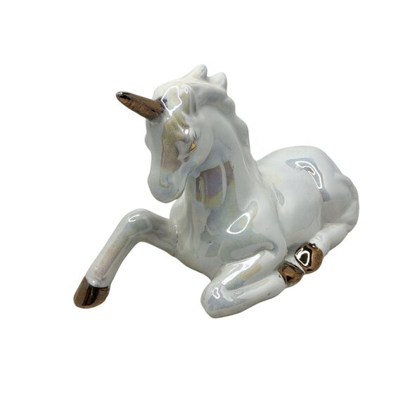 Vintage 1980s Porcelain Iridescent White, Gold Unicorn Figurine - Picture 3 of 7